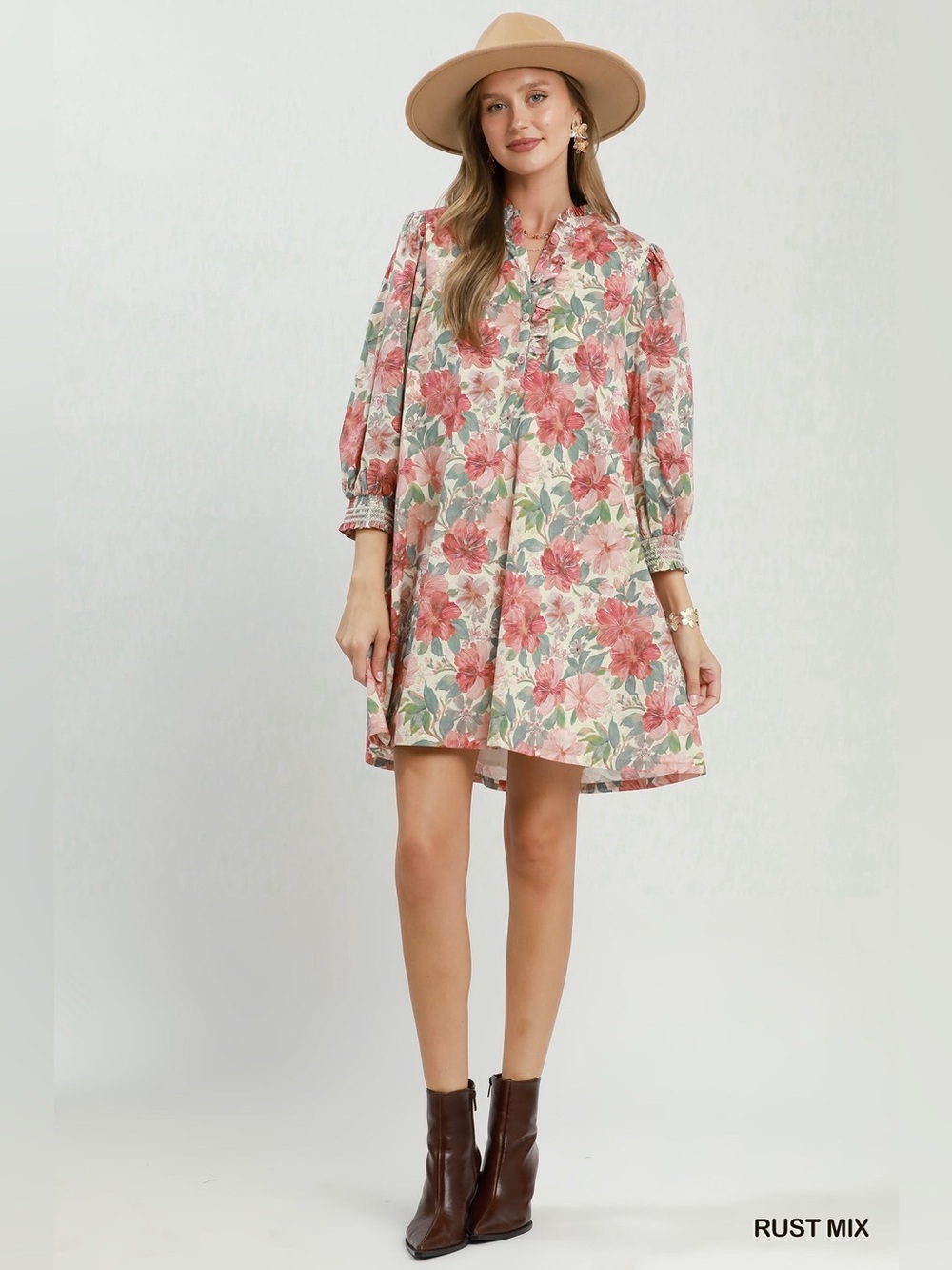 Umgee Mix Floral Print Smocked Cuff Mini Dress - Picture 5 of 7